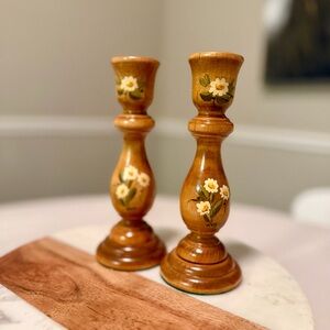 Vintage Wood Candlestick Holders Floral Daisy Pairing